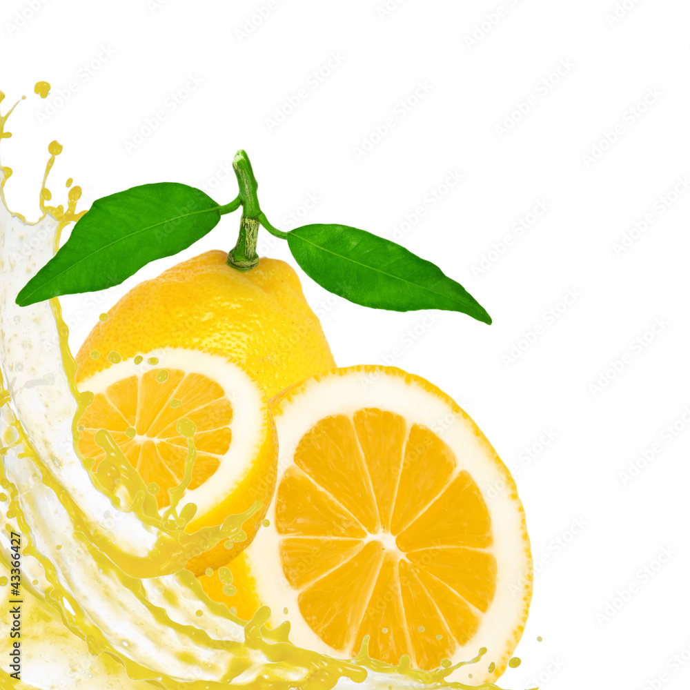 Lemon with slices and splash isolated on white Lemon with slices and splash isolated on white