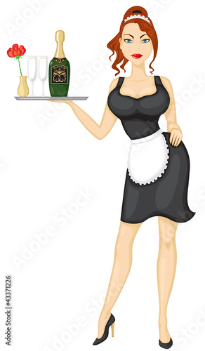 Waitress brings wine and glasses