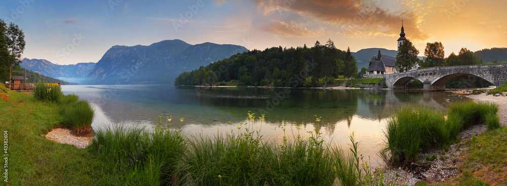 Alps in Slovenia - lake Bohinj , Mountain panorama at sunrise
