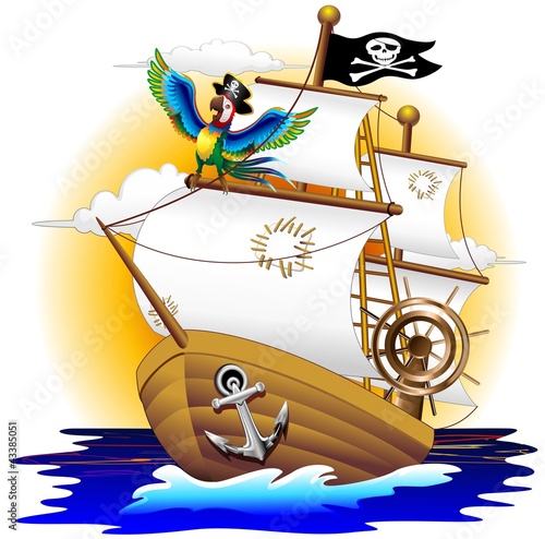 Nave Pirata con Pappagallo-Pirate Ship and Cartoon Macaw
