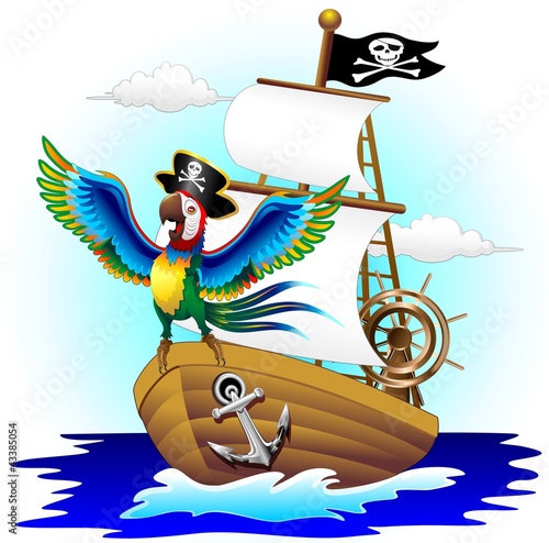 Pappagallo su Nave Pirata Cartoon Pirate Macaw Parrot on Ship