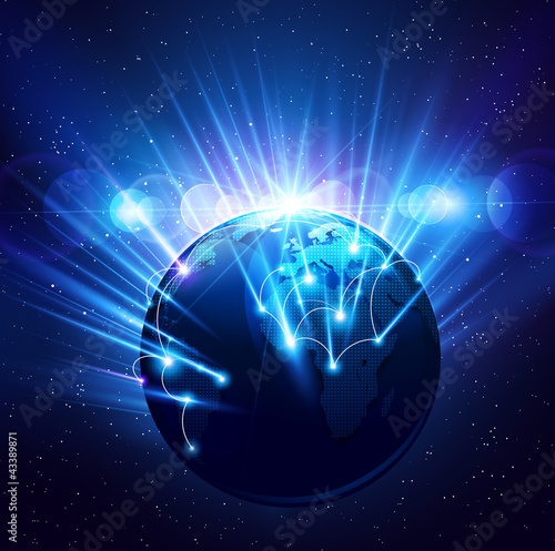 Planet earth in the bright rays of light. Vector