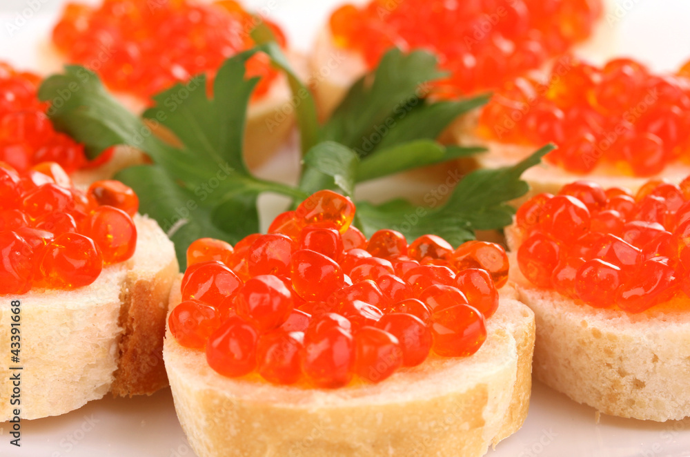 Red caviar on bread on white plate close-up Red caviar on bread on white plate close-up
