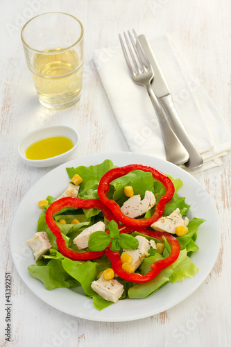 salad with chicken on the white plate