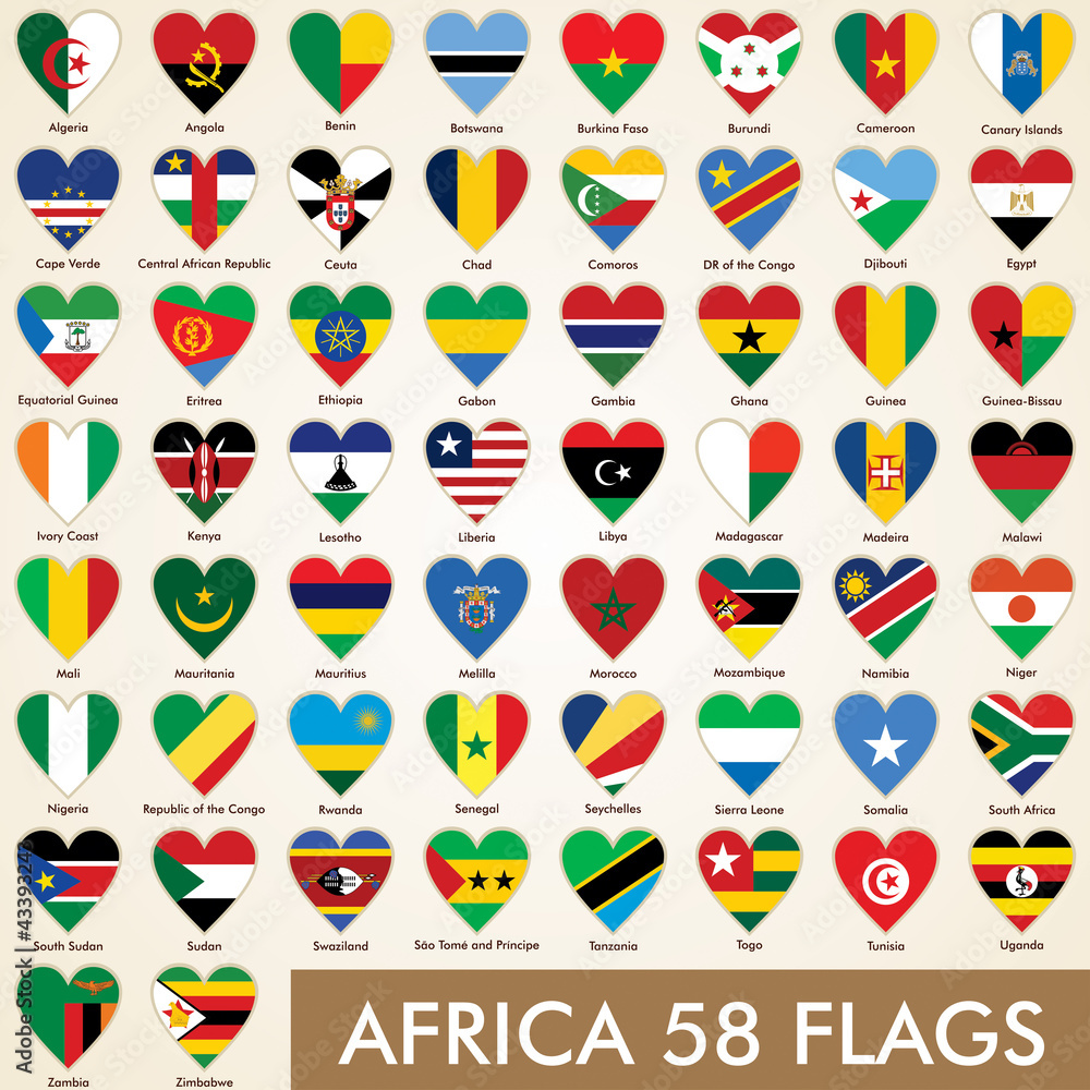 Flags of African Countries in heart shape, icon pack Flags of African Countries in heart shape, icon pack