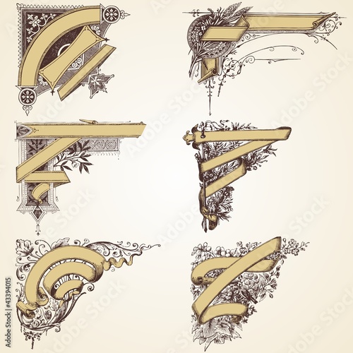 Vintage decorative banners, corners, ribbons, parchments floral