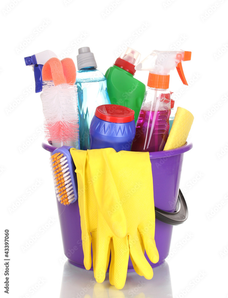 Cleaning items in bucket isolated on white Cleaning items in bucket isolated on white