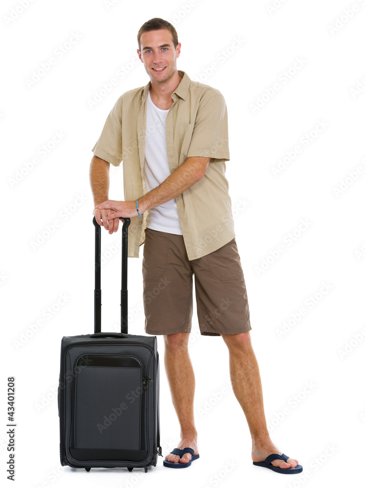 Happy tourist with wheels bag ready to vacation Happy tourist with wheels bag ready to vacation