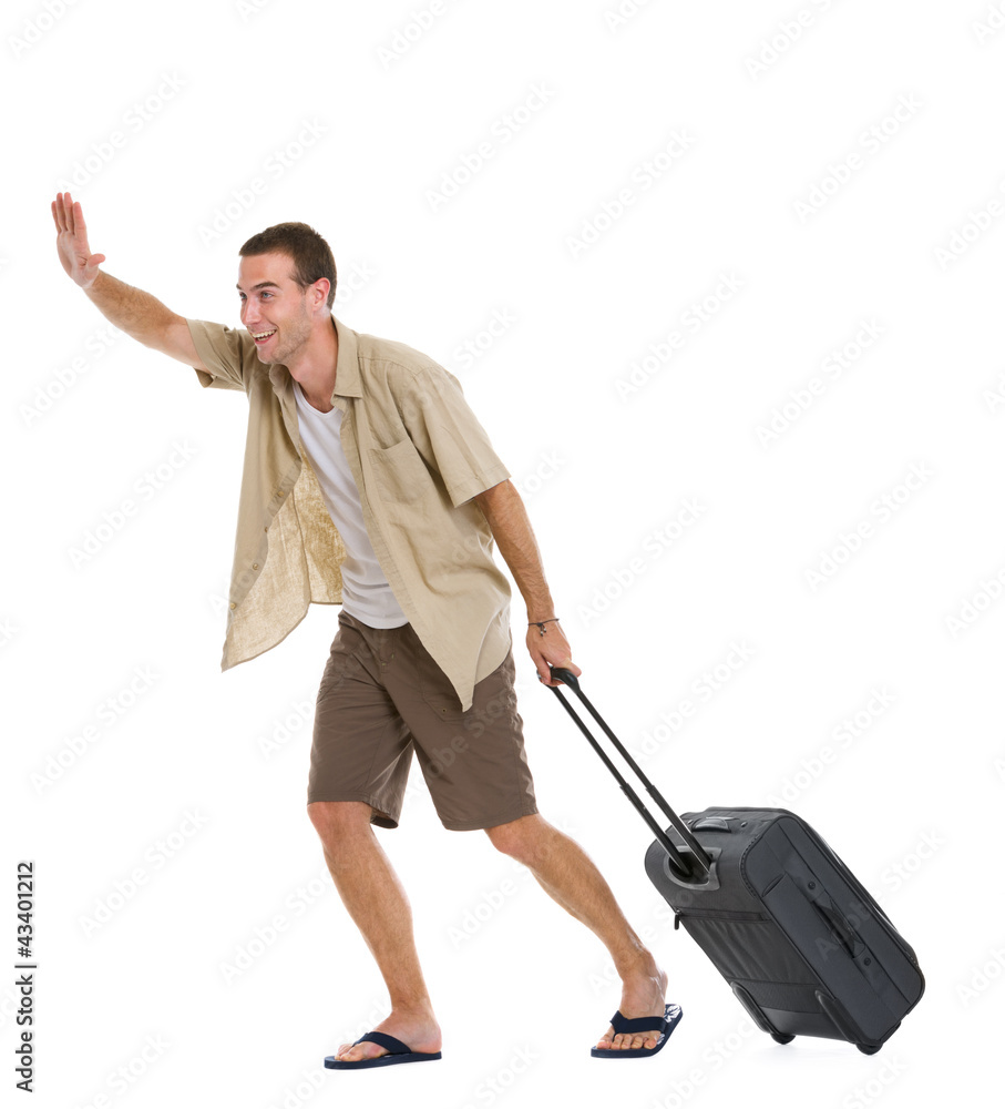 Happy tourist with wheels bag hurry to airplane Happy tourist with wheels bag hurry to airplane
