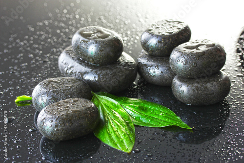 Fototapeta Naklejka Na Ścianę i Meble -  Spa stones with drops and green leaves on grey background