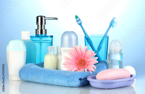 Fototapeta Naklejka Na Ścianę i Meble -  bathroom setting on blue background