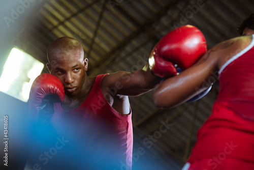Two male athletes fight in boxing ring photo