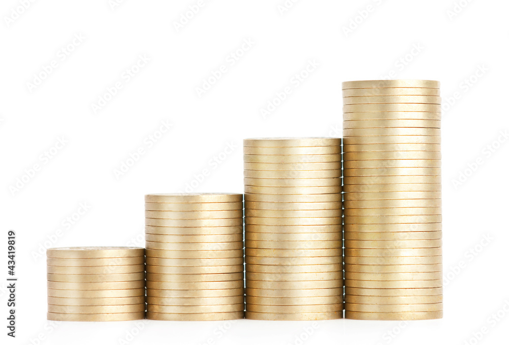 Gold coins stand vertically in columns, isolated on white Gold coins stand vertically in columns, isolated on white