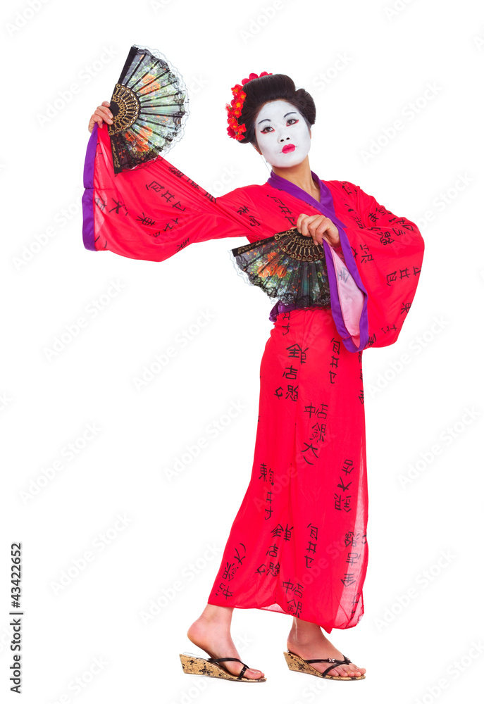 Full length portrait of geisha dancing with fans isolated on whi Full length portrait of geisha dancing with fans isolated on whi