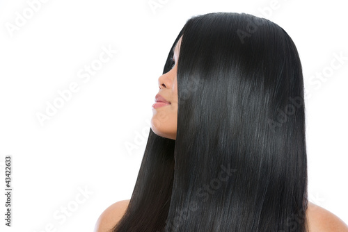 Beauty portrait of asian brunette woman healthy long straight ha