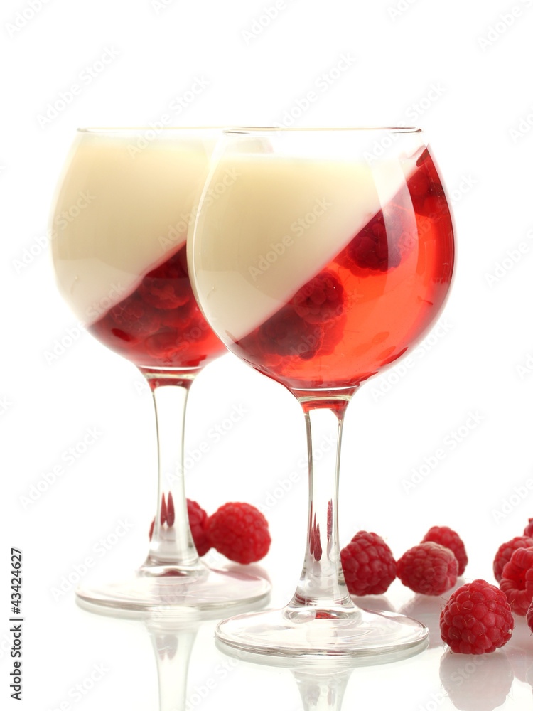 fruit jelly with raspberries in glasses isolated on white fruit jelly with raspberries in glasses isolated on white