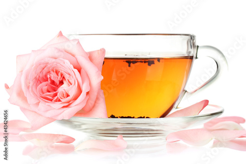 cup of tea with rose isolated on white