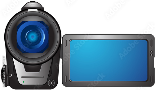 isolated video camera with open screen and space for text