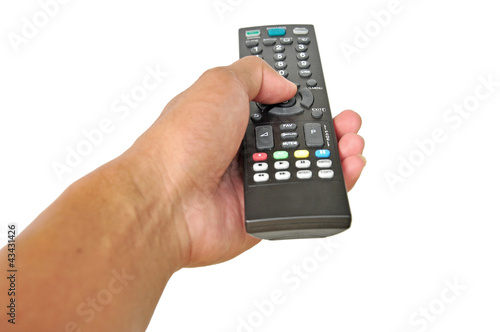 man's hand holding remote control isolated on white