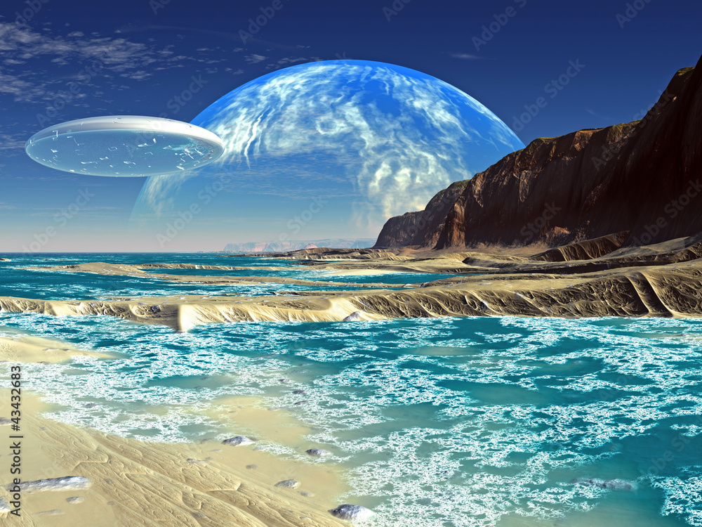 Fototapeta premium Flying Saucer Ship over Alien Shoreline