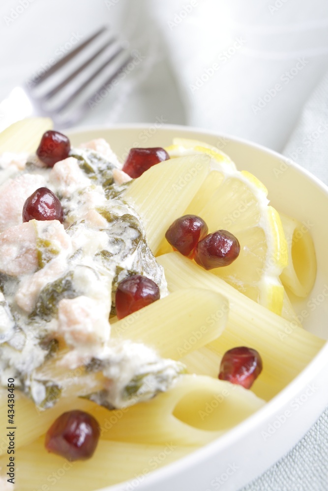 penne with salmon, spinach and pomegranate penne with salmon, spinach and pomegranate