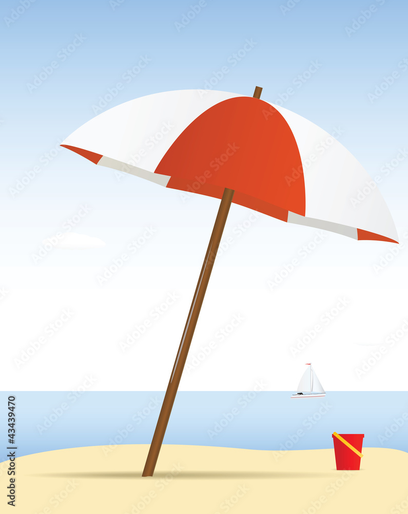 Summer theme. Umbrella on the beach with yacht