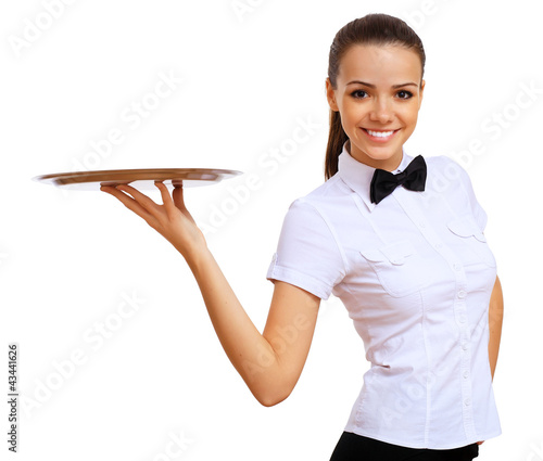 Young waitress in a white blouse