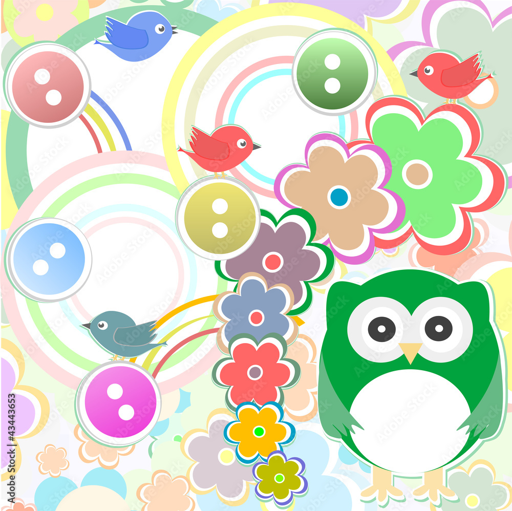 Template greeting card with owl bird and flowers, scrap Template greeting card with owl bird and flowers, scrap