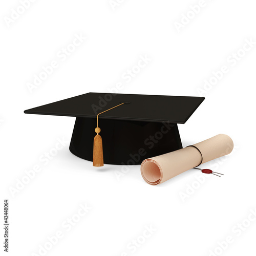 Graduation Cap and Diploma isolated on white background