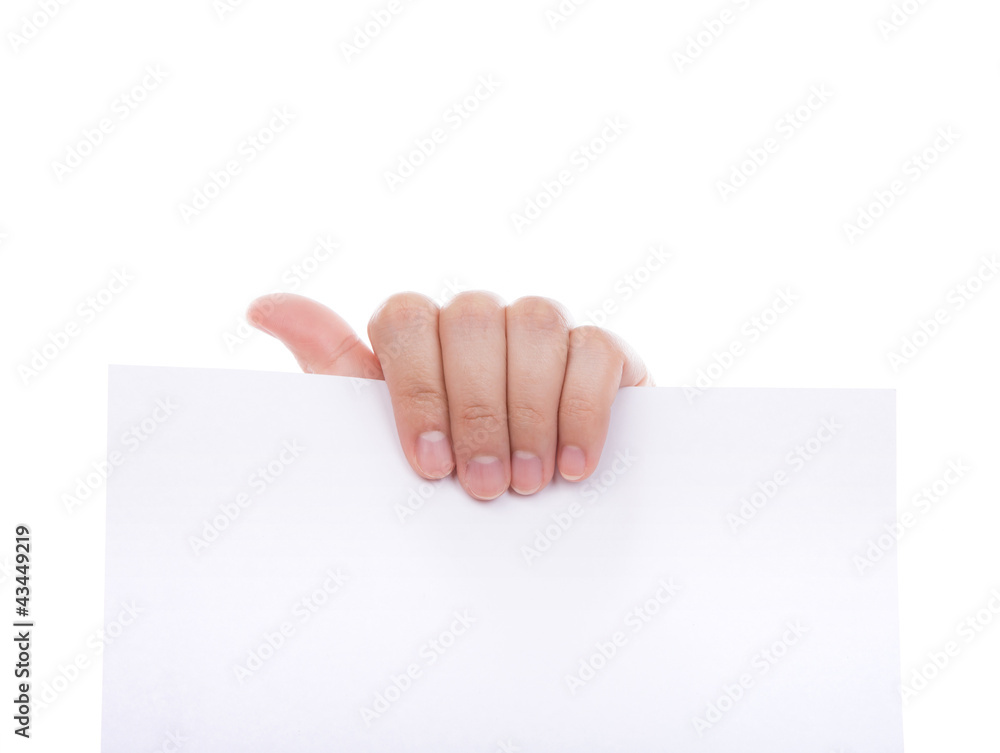 Woman hand holding white empty paper isolated on white backgroun Woman hand holding white empty paper isolated on white backgroun