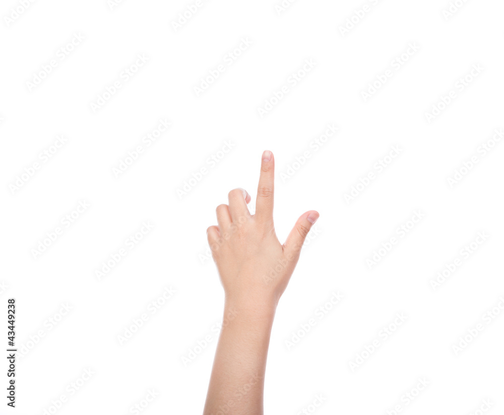 Woman hand touching virtual screen isolated on white background Woman hand touching virtual screen isolated on white background
