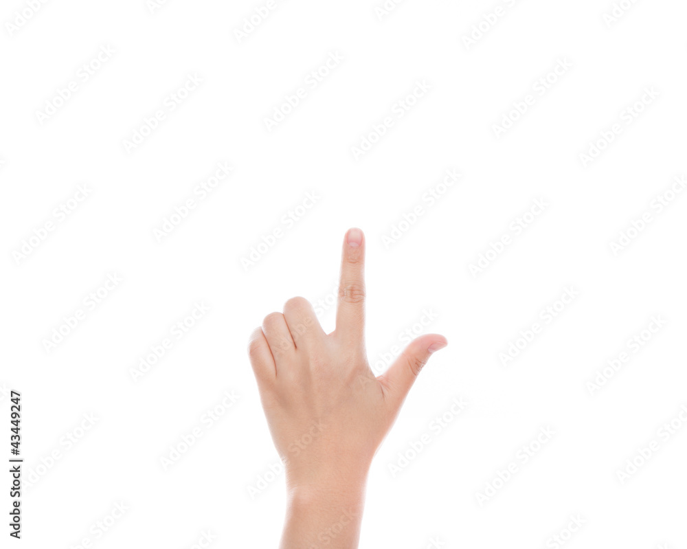Woman hand touching virtual screen isolated on white background Woman hand touching virtual screen isolated on white background