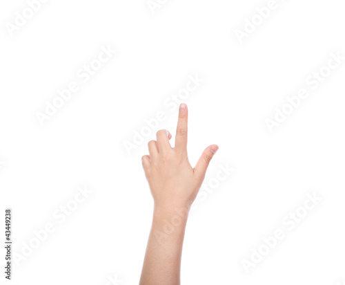 Woman hand touching virtual screen isolated on white background
