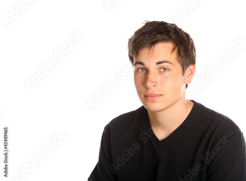 Young man against white background.