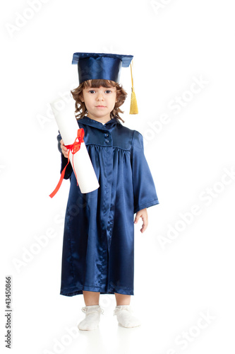 Adorable kid girl in academician clothes with roll