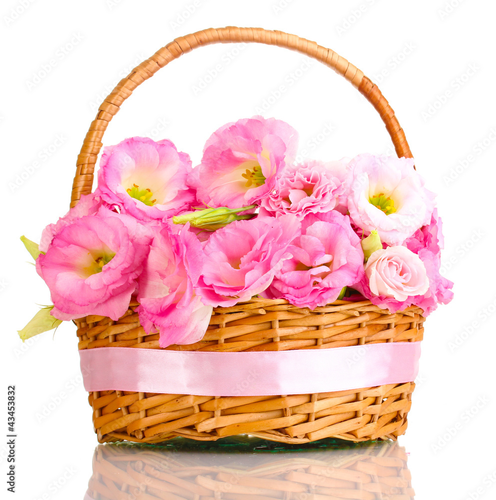 bouquet of eustoma flowers in basket, isolated on white bouquet of eustoma flowers in basket, isolated on white