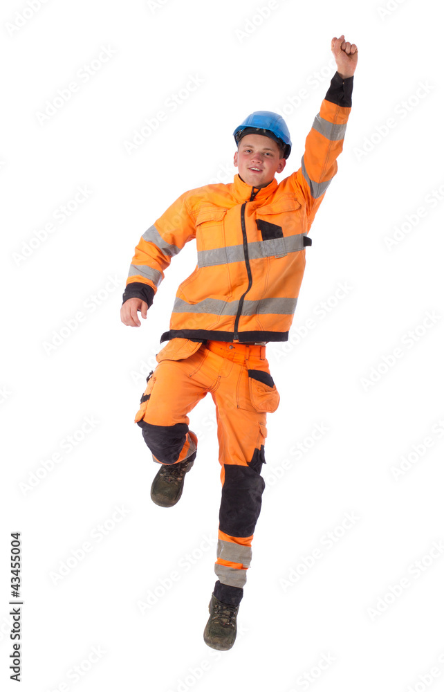 Happy builder in working clothes raising hand up Happy builder in working clothes raising hand up