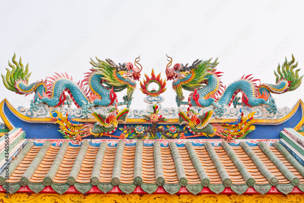 Statue of twin dragons on the roof of Chinese temple Statue of twin dragons on the roof of Chinese temple