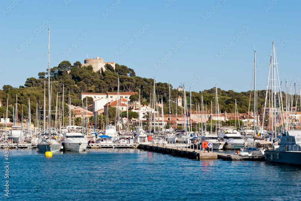 Porquerolles village view with Fort Ste Agathe, France Porquerolles village view with Fort Ste Agathe, France