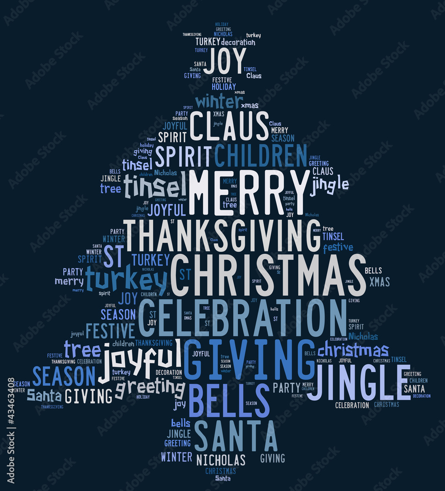 Christmas tree word clouds in blue background Christmas tree word clouds in blue background