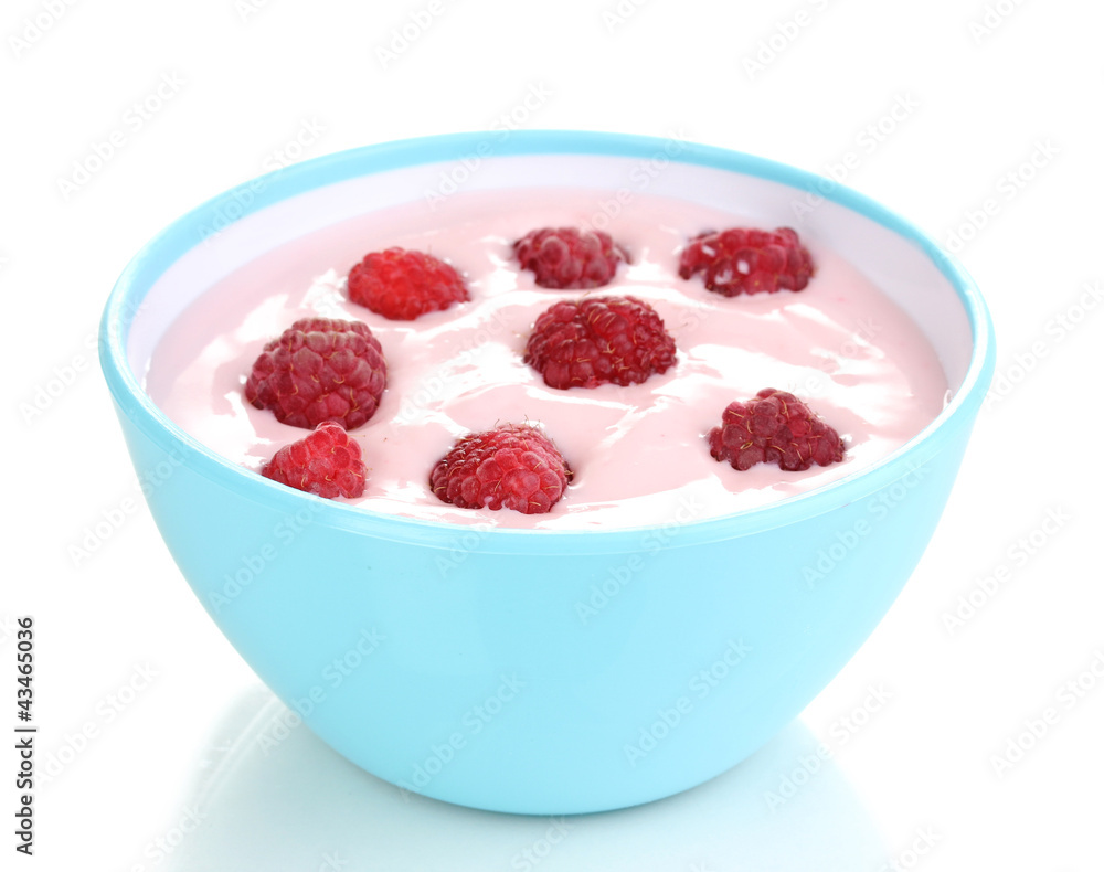Yogurt with raspberries isolated on white Yogurt with raspberries isolated on white