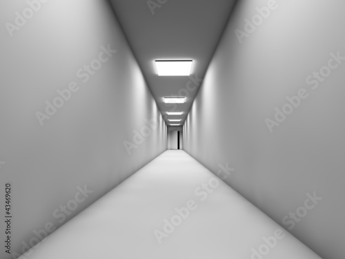 Long white corridor with the door at the end.