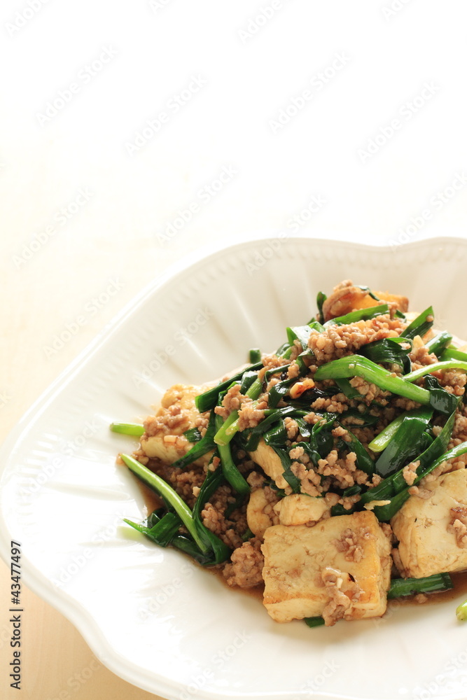 Chinese cuisine, Tofu and mince stir fried on white background