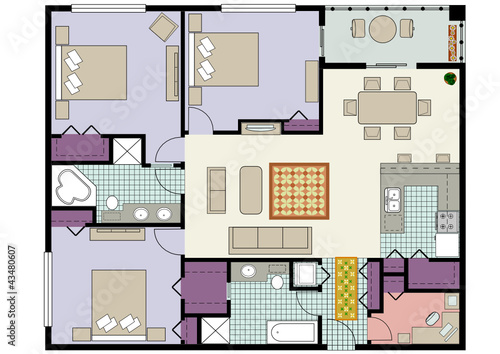Floor plan of three-bedroom condo with den and furniture
