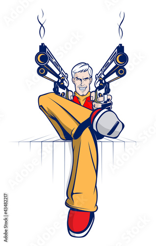 Cartoon gangster with smoking guns