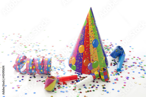 Party birthday new year items on white background