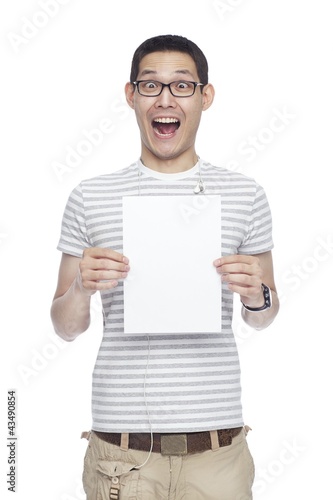 crazy asian man with white banner