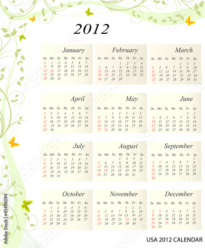 Calendar for the year 2012. USA version with bank holidays