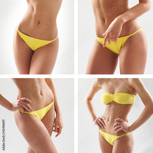 A collage of female bodies in a beautiful yellow swimsuit