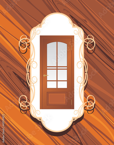 Manufacture of doors. Decorative label on the wooden background